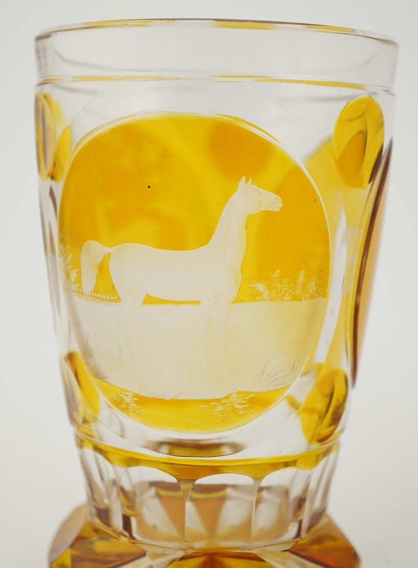 Horse interest - two German amber flashed beakers and two engraved rummers, 19th century